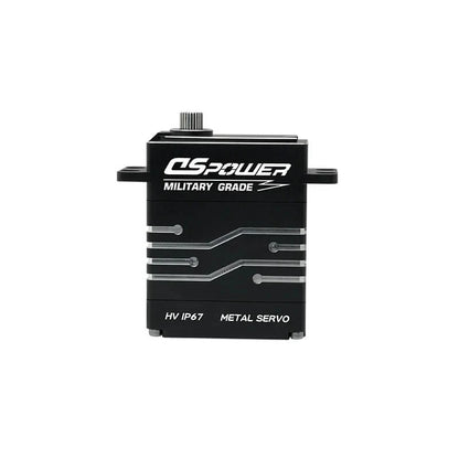 Front view of black DSpower DS-W006A servo with splined output shaft and visible HV IP67 metal servo markings.