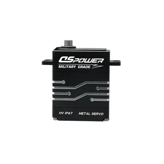 Front view of black DSpower DS-W006A servo with splined output shaft and visible HV IP67 metal servo markings.