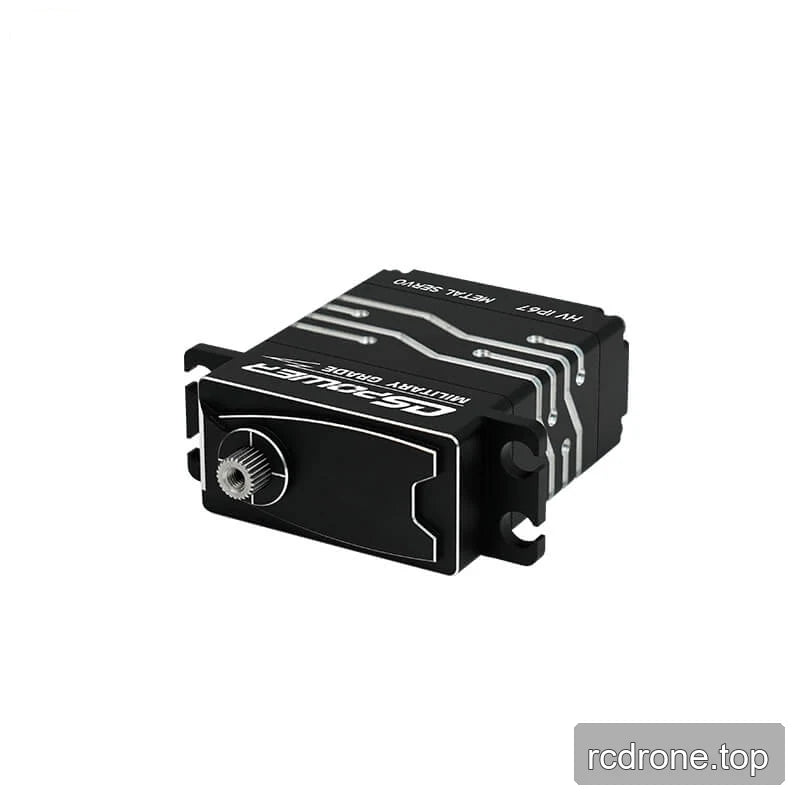 Low angled view of black DSpower DS-W006A servo showing the front splined output shaft and mounting ears.