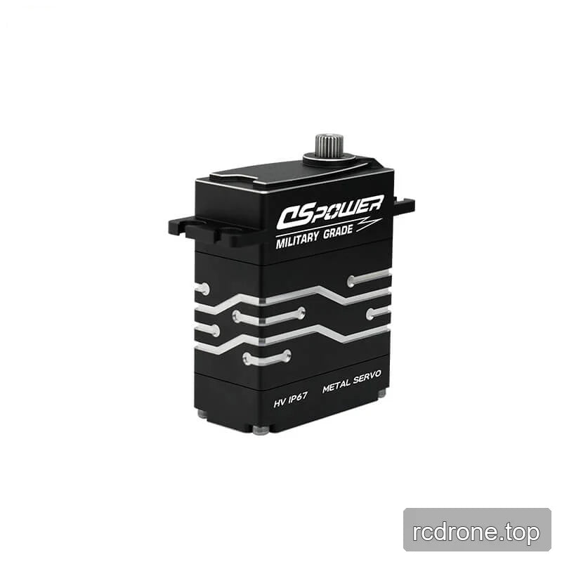 Three-quarter upright view of black DSpower DS-W006A servo with top splined output shaft and patterned metal housing.