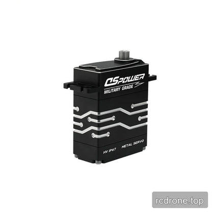 Three-quarter upright view of black DSpower DS-W006A servo with top splined output shaft and patterned metal housing.