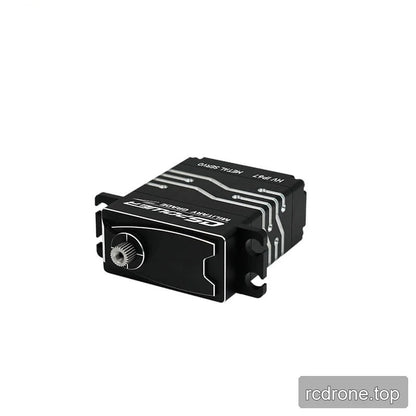 DSpower DS-W007A servo motor shown low and angled, with its splined output shaft, front plate, and mounting tabs visible.