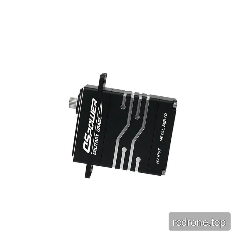 Side view of the black DSpower DS-W007A servo motor, showing its protruding splined shaft and silver circuit-style accents.