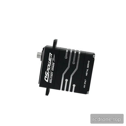 Side view of the black DSpower DS-W007A servo motor, showing its protruding splined shaft and silver circuit-style accents.