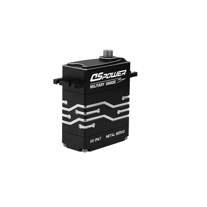 Black DSpower DS-W007A servo motor shown upright with a splined output shaft and silver circuit-style housing accents.