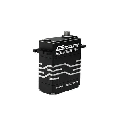 Black DSpower DS-W007A servo motor shown upright with a splined output shaft and silver circuit-style housing accents.