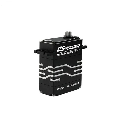 Black DSpower DS-W007A servo motor shown upright with a splined output shaft and silver circuit-style housing accents.