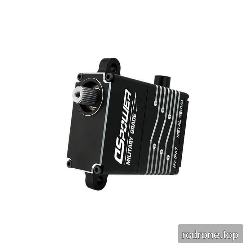 Angled DSpower DS-W008A servo view with splined output shaft, front plate screws, and mounting ears visible.