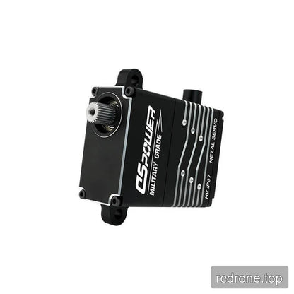 Angled DSpower DS-W008A servo view with splined output shaft, front plate screws, and mounting ears visible.