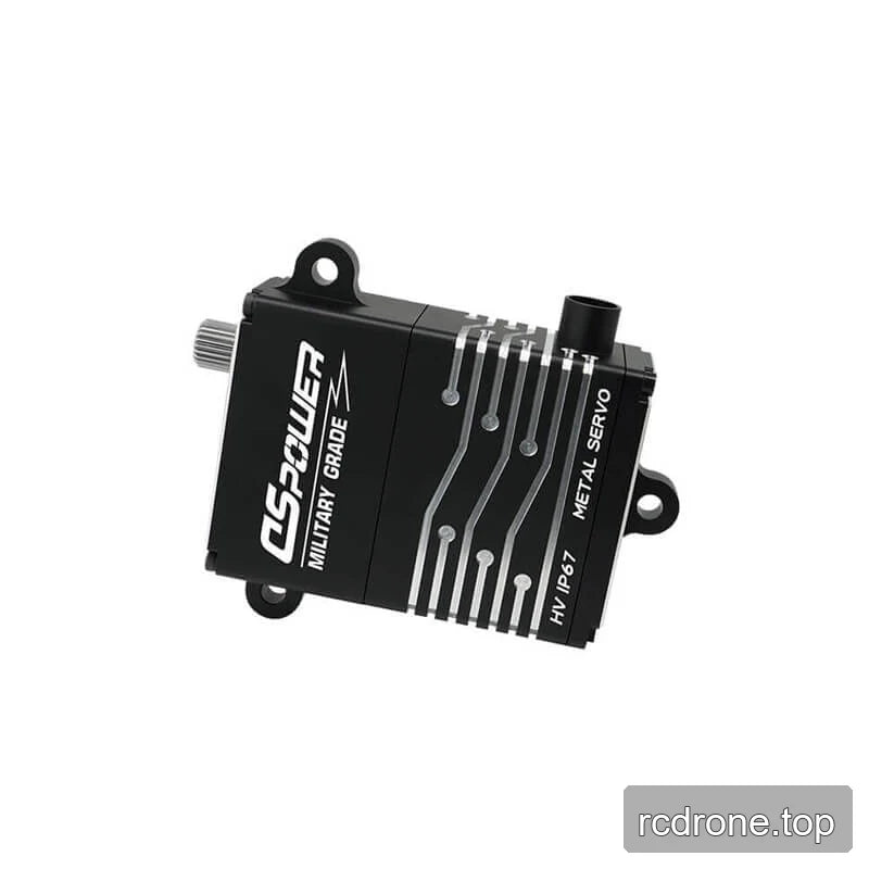 Side view of the DSpower DS-W008A black servo showing its protruding shaft, cable outlet, and mounting tabs.
