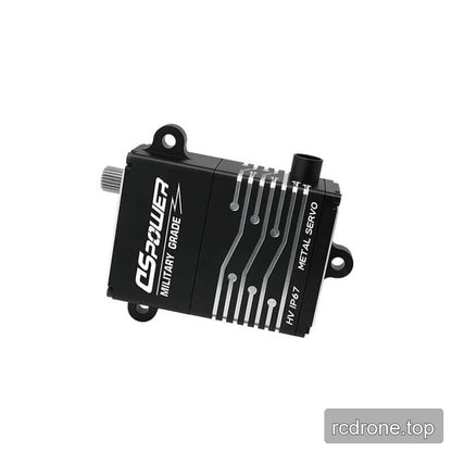 Side view of the DSpower DS-W008A black servo showing its protruding shaft, cable outlet, and mounting tabs.