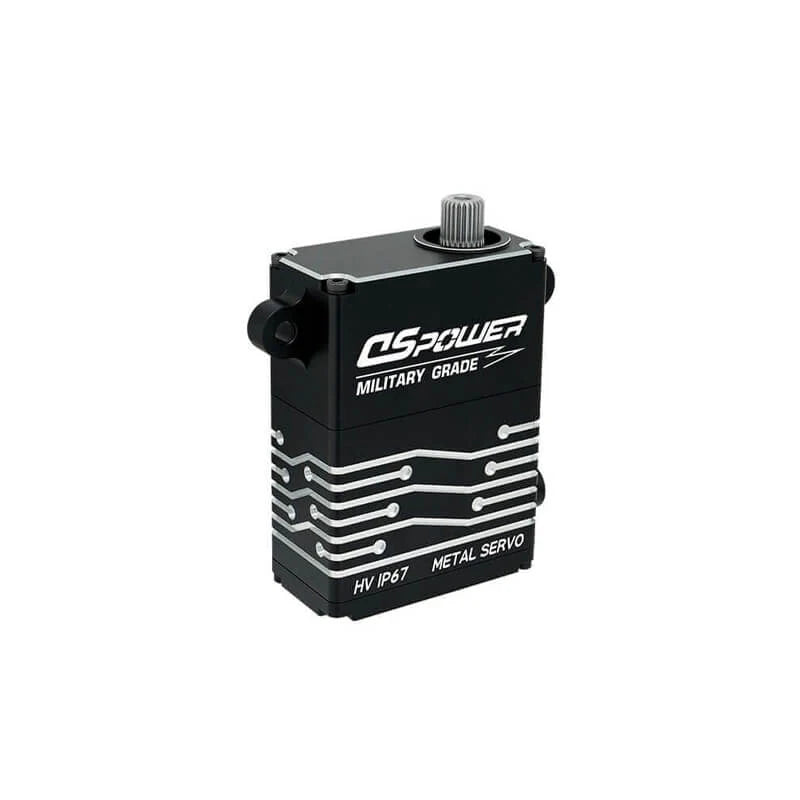 DSpower DS-W008A black metal servo shown upright with a splined output shaft and circuit-style housing graphics.