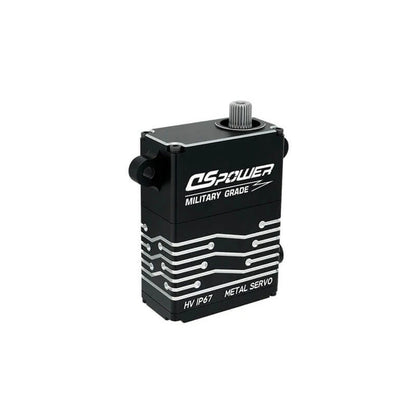 DSpower DS-W008A black metal servo shown upright with a splined output shaft and circuit-style housing graphics.