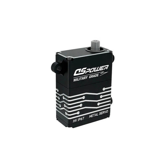 DSpower DS-W008A black metal servo shown upright with a splined output shaft and circuit-style housing graphics.