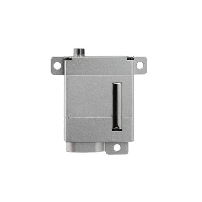 Silver DSpower DS-W009A servo motor shown front-on with a splined output shaft, mounting tabs, and recessed side slot.
