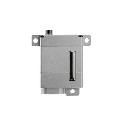 Silver DSpower DS-W009A servo motor shown front-on with a splined output shaft, mounting tabs, and recessed side slot.