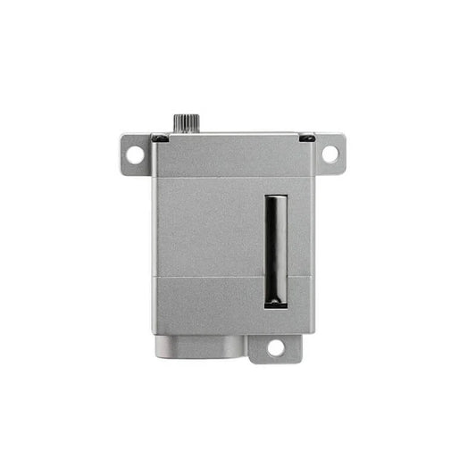 Silver DSpower DS-W009A servo motor shown front-on with a splined output shaft, mounting tabs, and recessed side slot.