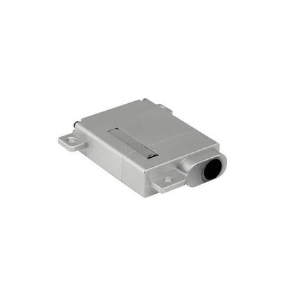 Silver DSpower DS-W009A servo motor in a low rear-side view showing the rounded end opening, mounting tabs, and top recess.