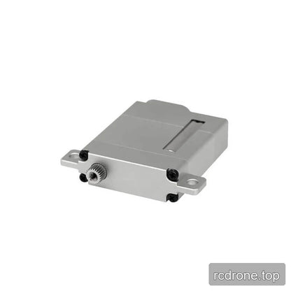 Silver DSpower DS-W009A servo motor angled toward its splined output shaft, with black case screws and side mounting tabs visible.