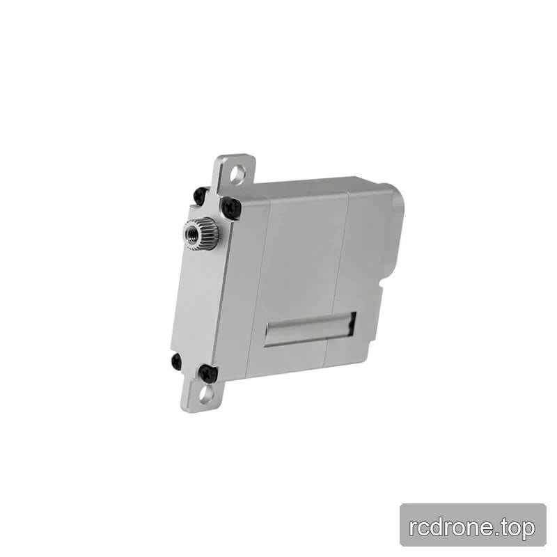 Silver DSpower DS-W009A servo motor standing on its side, showing the splined output shaft, black screws, mounting tabs, and recessed slot.