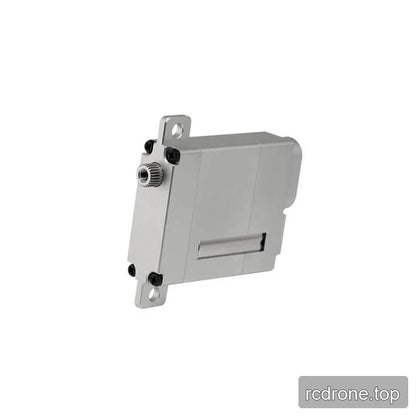 Silver DSpower DS-W009A servo motor standing on its side, showing the splined output shaft, black screws, mounting tabs, and recessed slot.