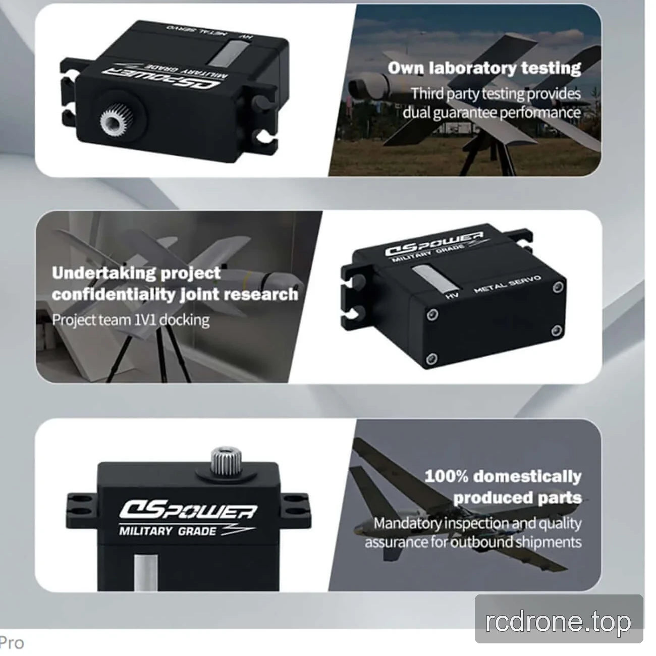 DSpower W011A digital servo feature panel with drone-control and construction details — section 6 of 6