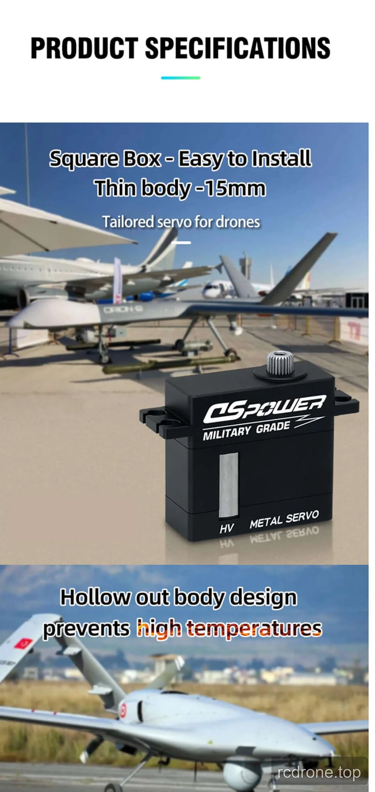 DSpower W011A digital servo feature panel with drone-control and construction details — section 3 of 6