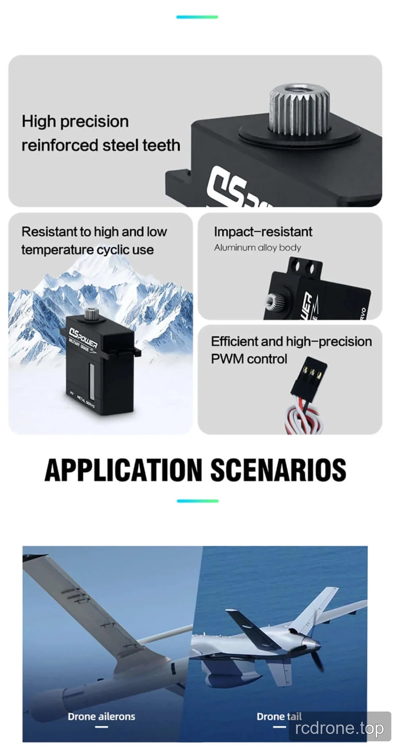 DSpower W011A digital servo feature panel with drone-control and construction details — section 2 of 6