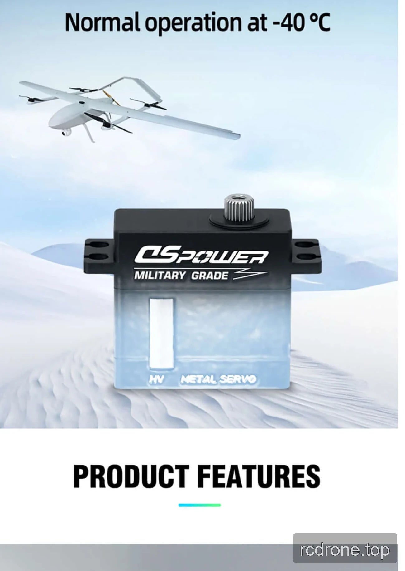 DSpower W011A digital servo feature panel with drone-control and construction details — section 5 of 6