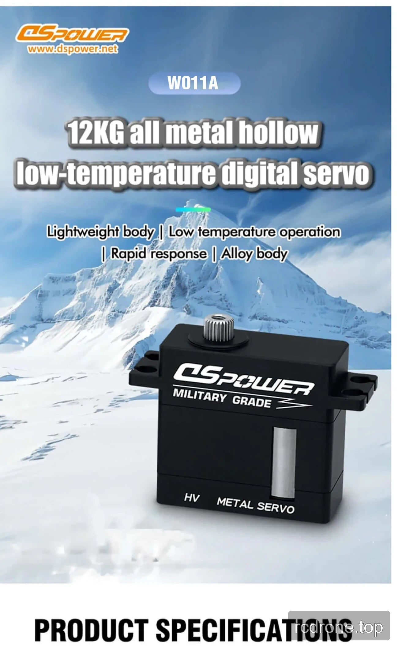 DSpower W011A digital servo feature panel with drone-control and construction details — section 1 of 6