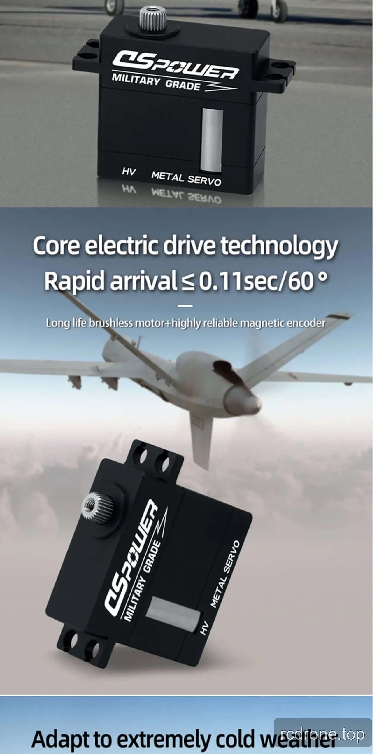 DSpower W011A digital servo feature panel with drone-control and construction details — section 4 of 6