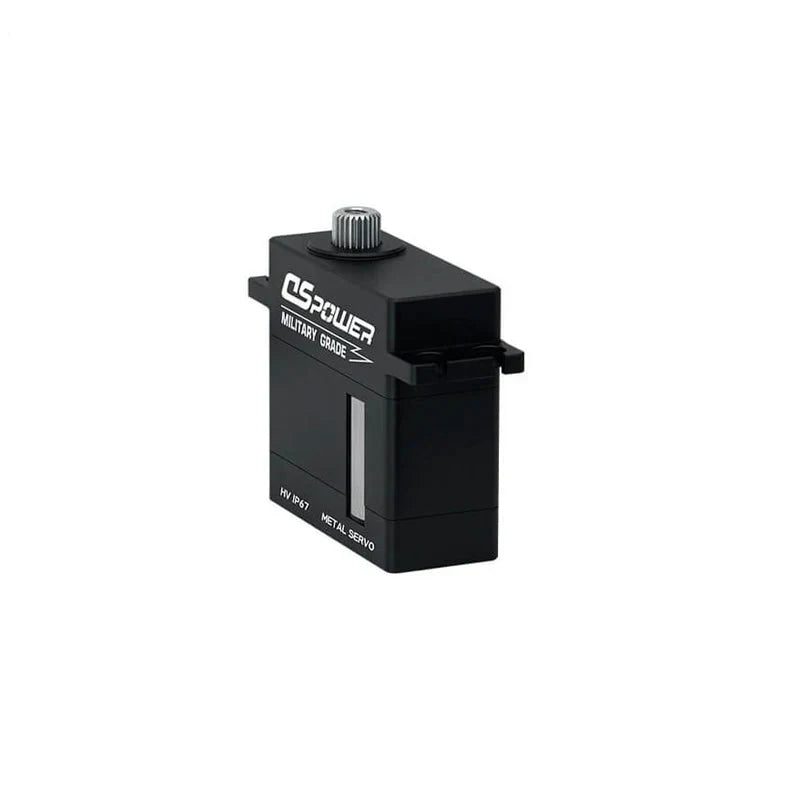 Black DSpower DS-W011A servo motor shown from a rear three-quarter angle with top splined output shaft.