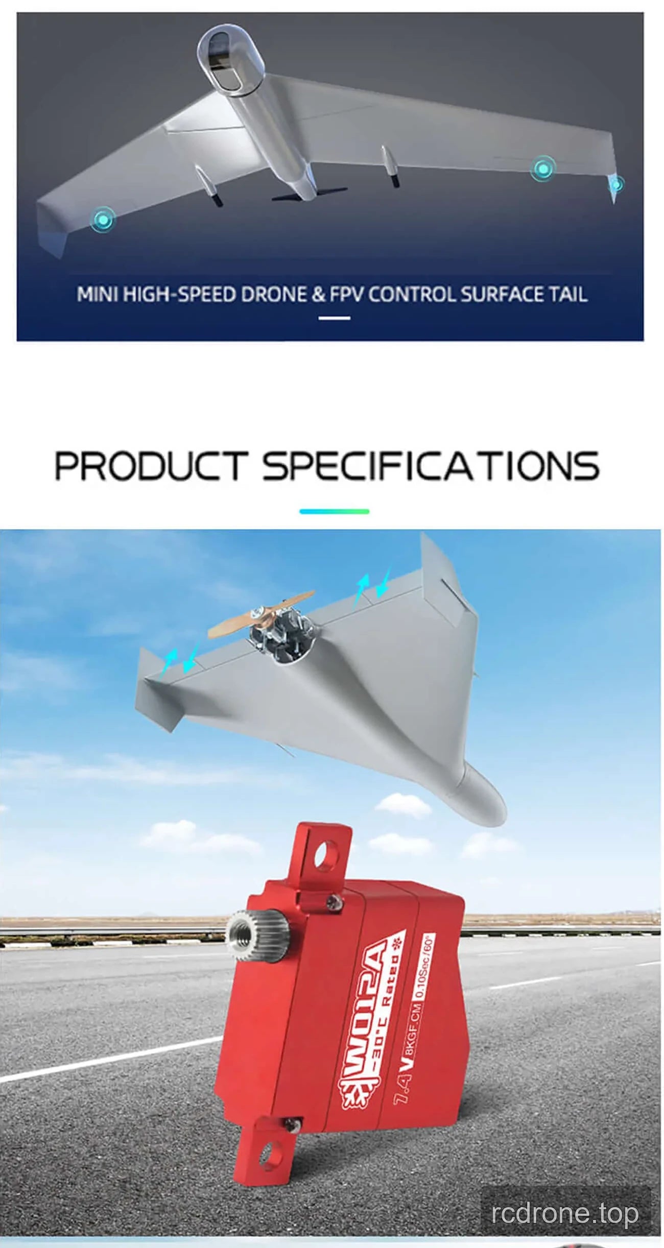 Red DSpower DS-W012A PWM servo motor with 7.4 V, 8 kgf·cm, and 0.10 s/60° markings — section 2 of 4