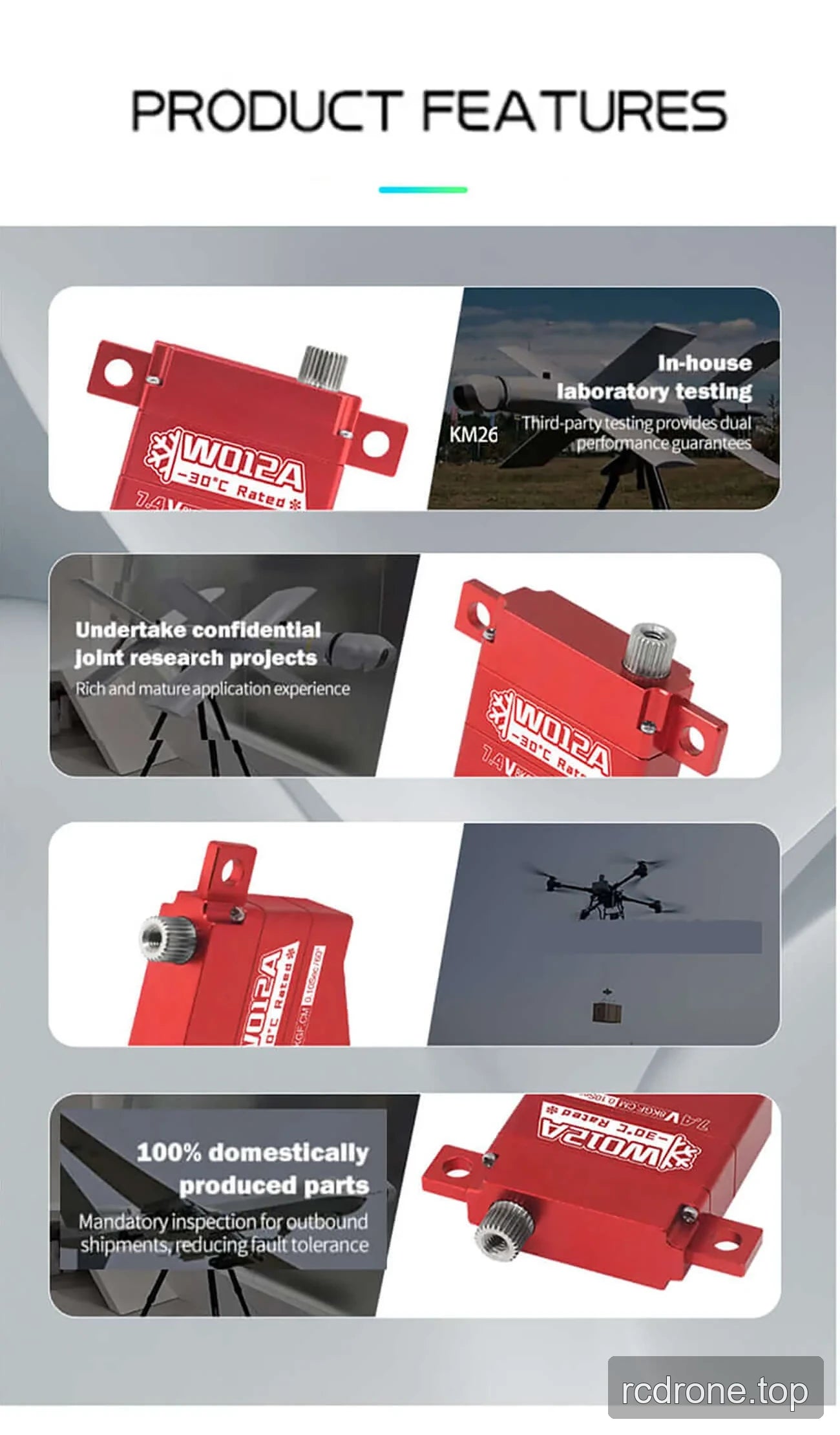 Red DSpower DS-W012A PWM servo motor with 7.4 V, 8 kgf·cm, and 0.10 s/60° markings — section 4 of 4