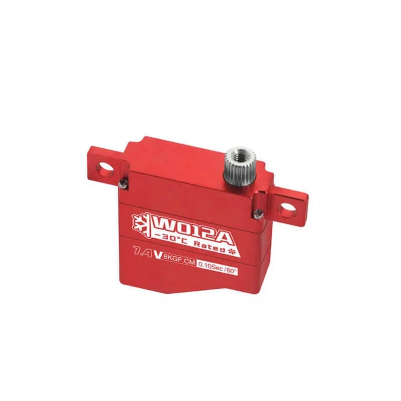 Red DSpower DS-W012A servo motor shown from the front with mounting tabs and a splined metal output shaft.