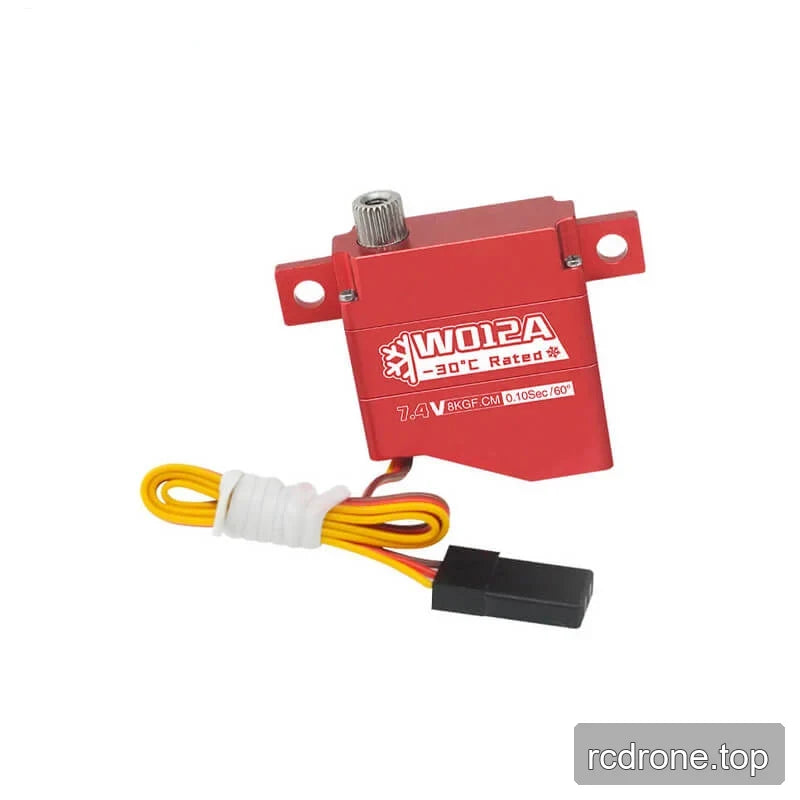 Red DSpower DS-W012A servo motor with attached yellow, red and brown lead cable and black connector.