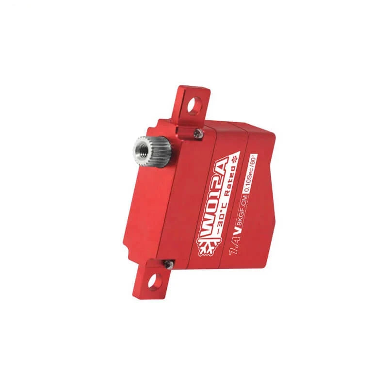 Red DSpower DS-W012A servo motor shown from the side, with its metal splined output shaft and mounting tabs visible.