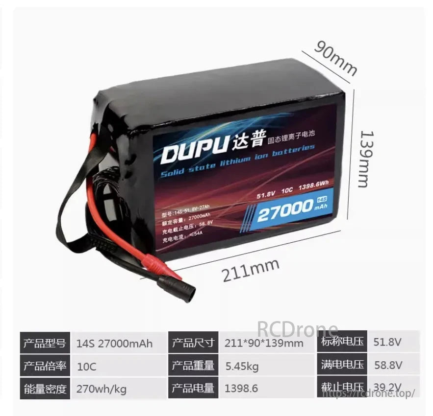 DUPU 14S LiPo battery: 27000mAh, 51.8V, 10C, 5.45kg, solid-state lithium-ion. High energy density (270Wh/kg), 1398.6Wh capacity. Charges to 58.8V, discharges to 39.2V.