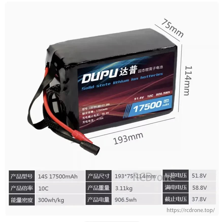 DUPU 14S LiPo battery: 17500mAh, 51.8V, 10C, 906.5Wh. Size: 193x75x114mm. Weight: 3.11kg. Energy density: 300Wh/kg. Full charge: 58.8V. Cutoff: 37.8V.