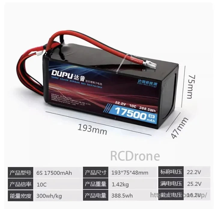 The DUPU 6S Li-ion battery provides 17500mAh, 22.2V nominal voltage, and 10C discharge rate, offering high energy density, durability, and efficiency for demanding applications.