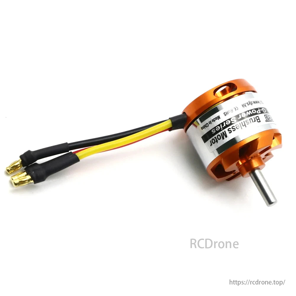 DYS D3536 Brushless Motor, G-Power Series, CE RoHS certified, Chinese-made, features yellow and black wires.