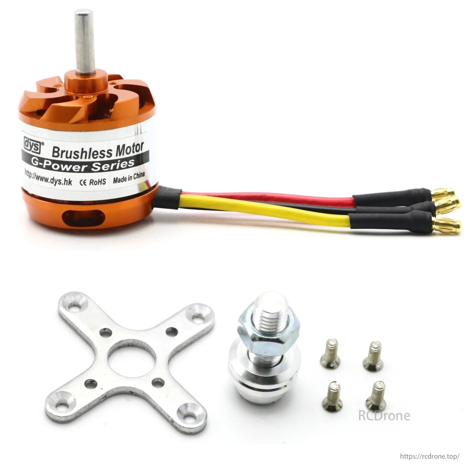 DYS D3536 Brushless Motor (G-Power Series) - CE RoHS compliant, China-made. Includes motor, plate, screws, connectors.