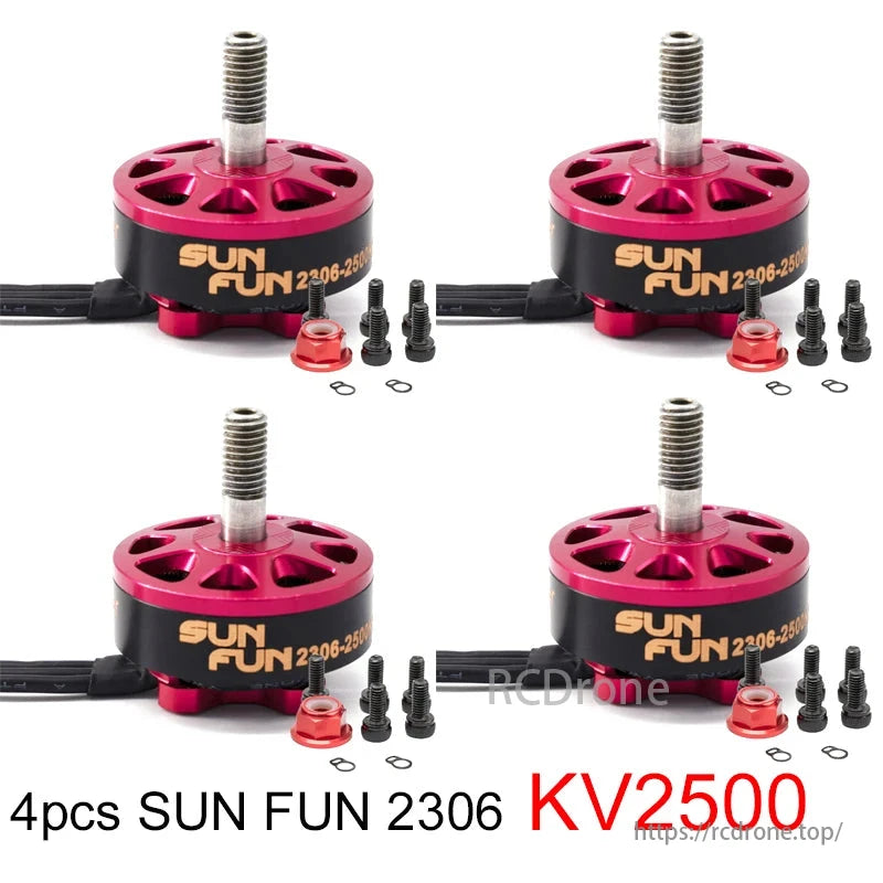 DYS SUN FUN 2306 KV2500 brushless motor for RC FPV racing drones, quadcopters. Includes 4 motors and accessories.