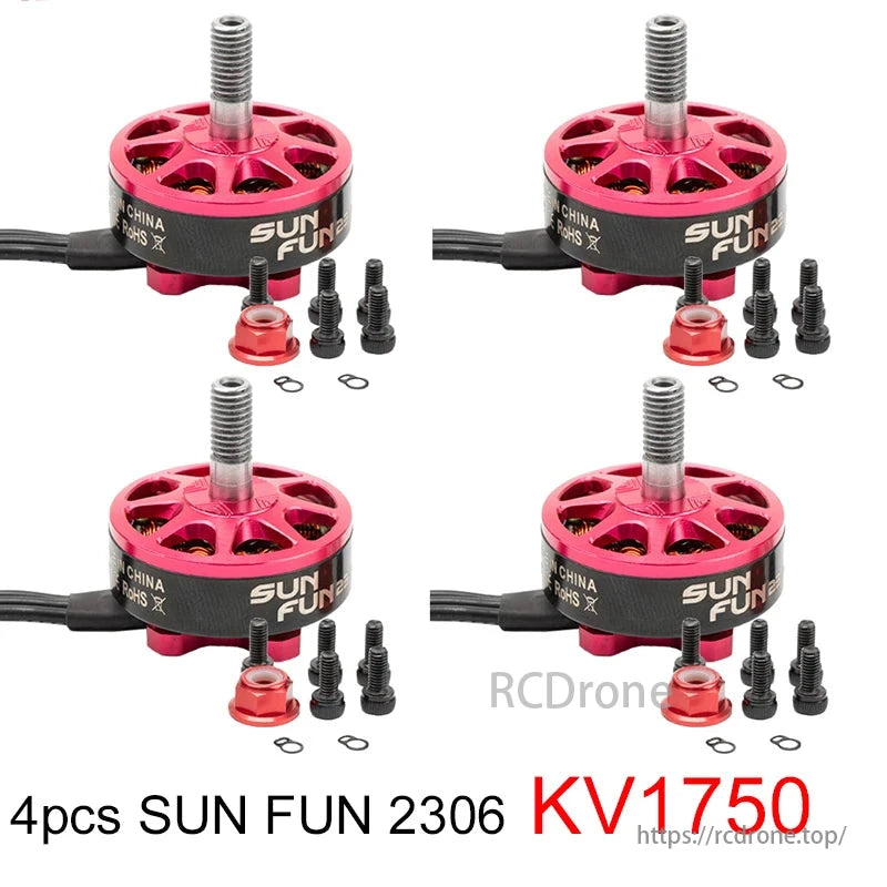 SUN FUN 2306 KV1750 brushless motors, CW thread, 5mm shaft, for RC FPV racing drones.