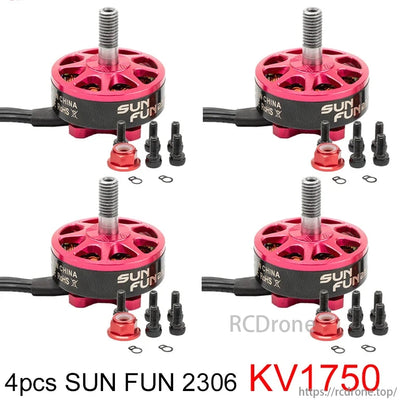 SUN FUN 2306 KV1750 brushless motors, CW thread, 5mm shaft, for RC FPV racing drones.
