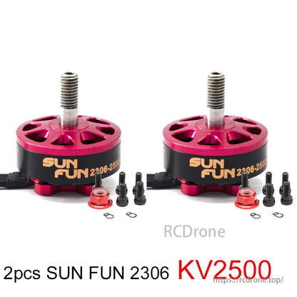 Two SUN FUN 2306 KV2500 brushless motors with screws and nuts included.