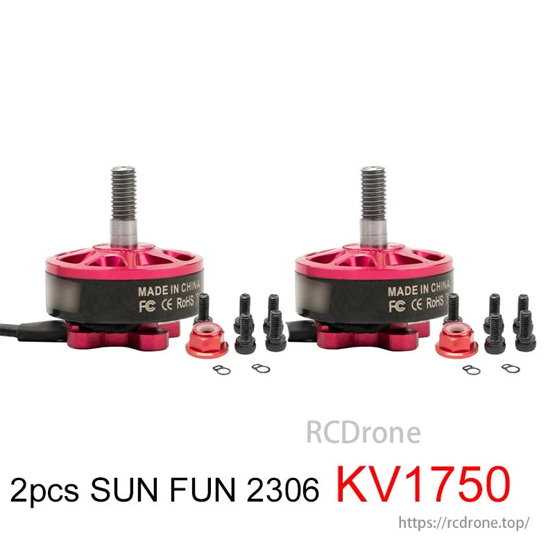 SUN FUN 2306 KV1750 brushless motors for RC FPV racing drones, China-made, RoHS compliant.
