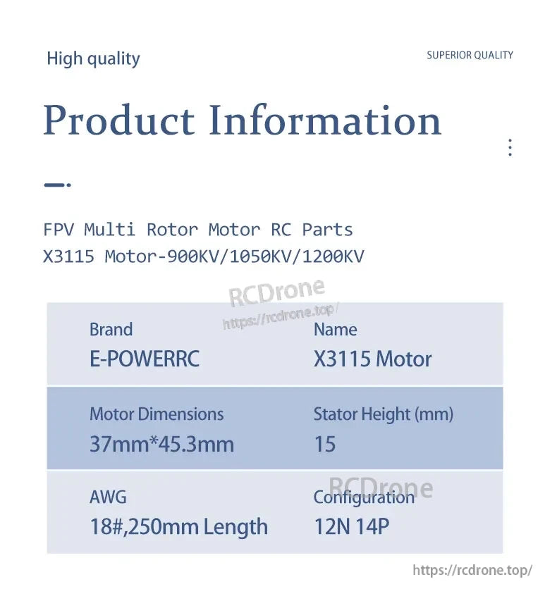 E-POWERRC X3115 motor: 900KV/1050KV/1200KV, 37×45.3mm, 15mm stator, 18# 250mm wire, 12N 14P, high-quality FPV multirotor part.