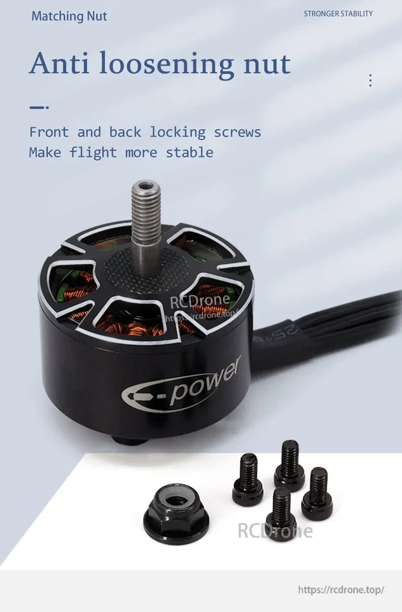 Anti-loosening nut with front/back locking screws improves flight stability for E-power brushless motors.