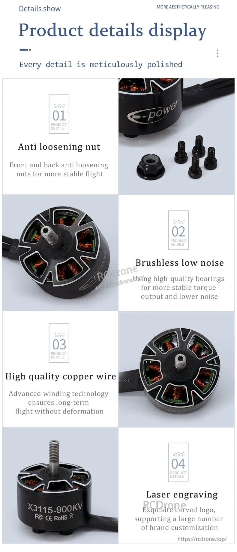 E-PowerX3115 Motor features aesthetically pleasing design, polished details, anti-loosening nuts, brushless low noise, high-quality copper wire, and laser engraving with RoHS compliance.